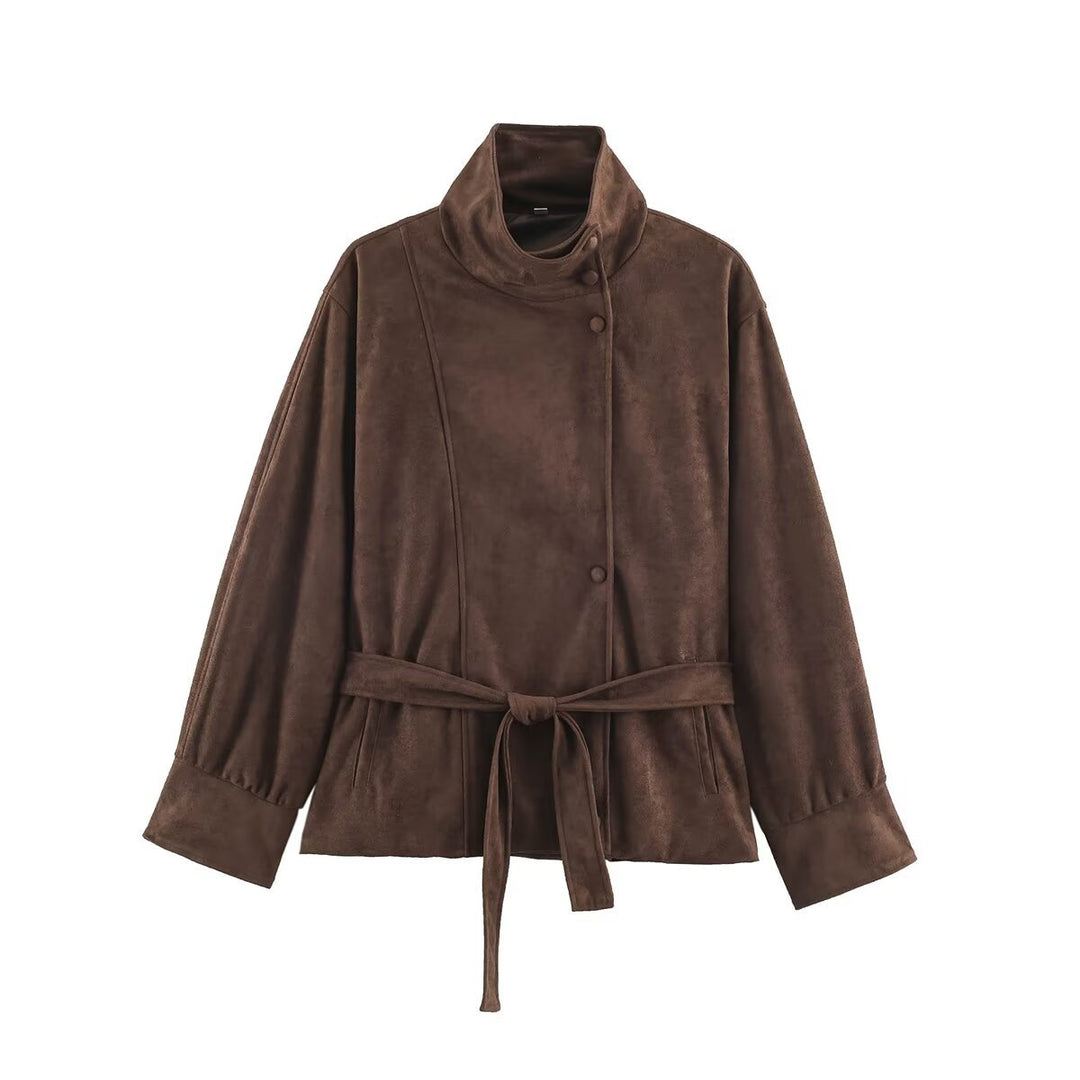Damen Boxy-Wickeljacke in Veloursoptik mit hohem Stehkragen und Bindegürtel Drune