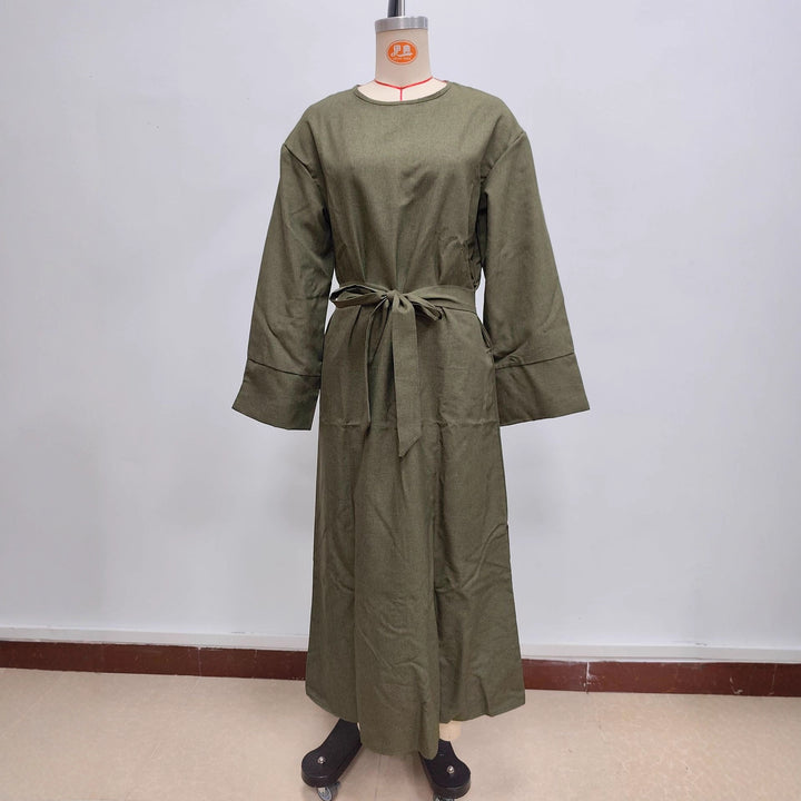 Damen Maxikleid aus Leinen-Mix mit Taillengürtel und weiten Manschellen Drune