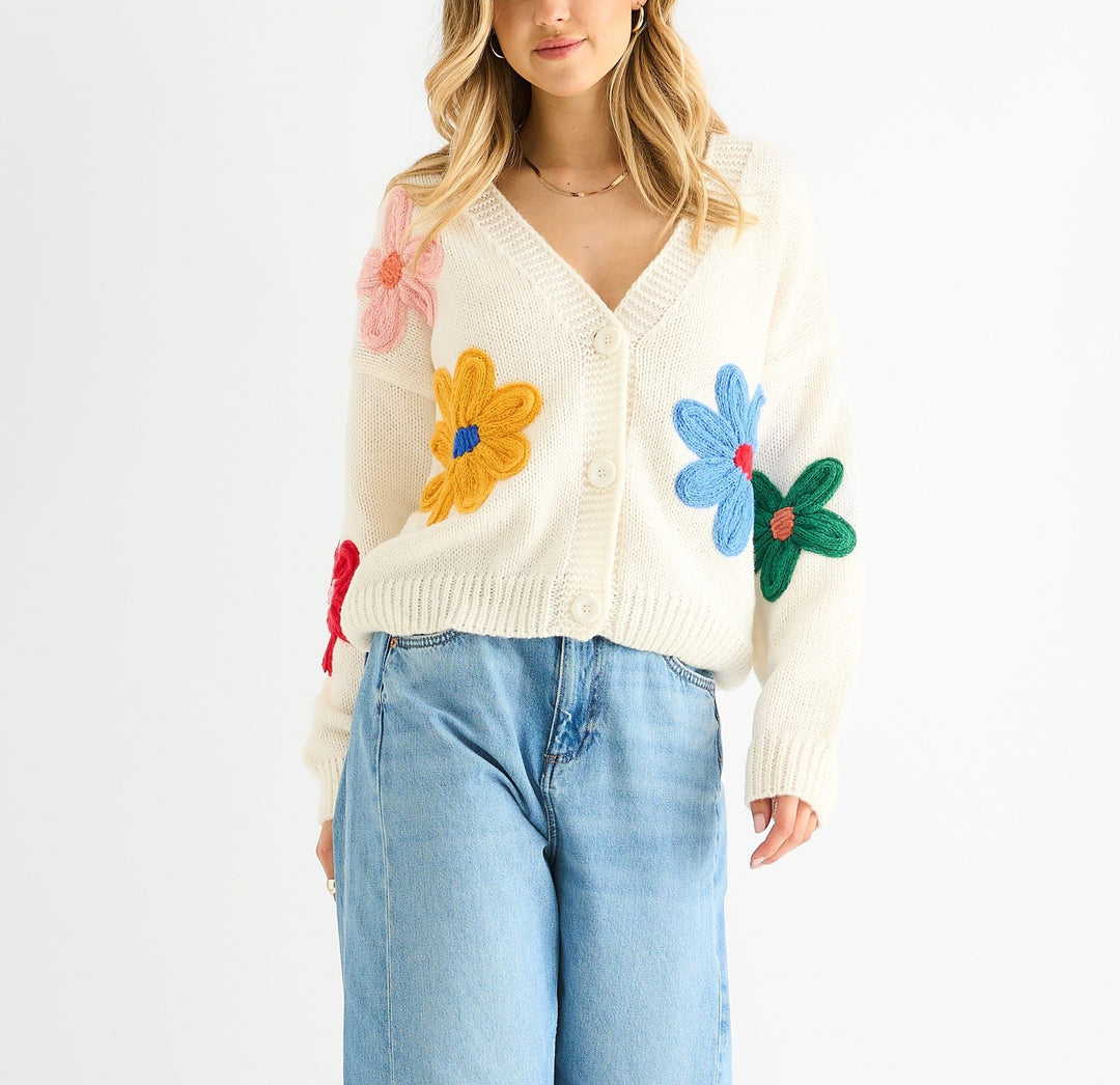 Damen Cardigan mit dreidimensionalen Blumenapplikationen und V-Ausschnitt Drune