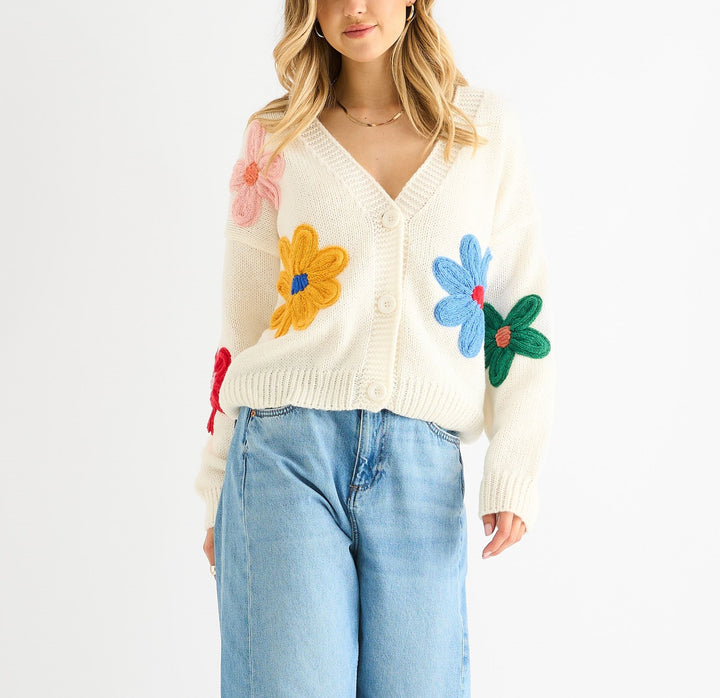 Damen Cardigan mit dreidimensionalen Blumenapplikationen und V-Ausschnitt Drune
