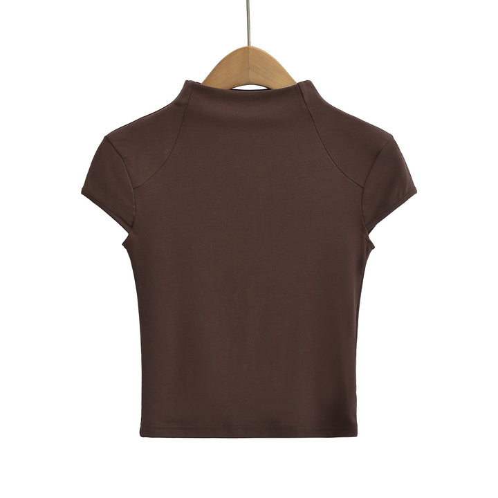 Damen hochwertiges Kurzarm-T-Shirt mit Stehkragen und figurbetontem Schnitt Drune