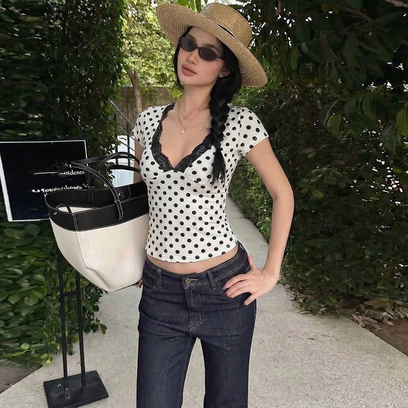 Damen Polka-Dots Spitzenoberteil Drune