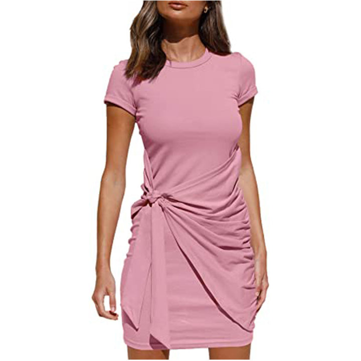Damen Kurzarm Wickelkleid mit Raffung und Knoten Detail Drune