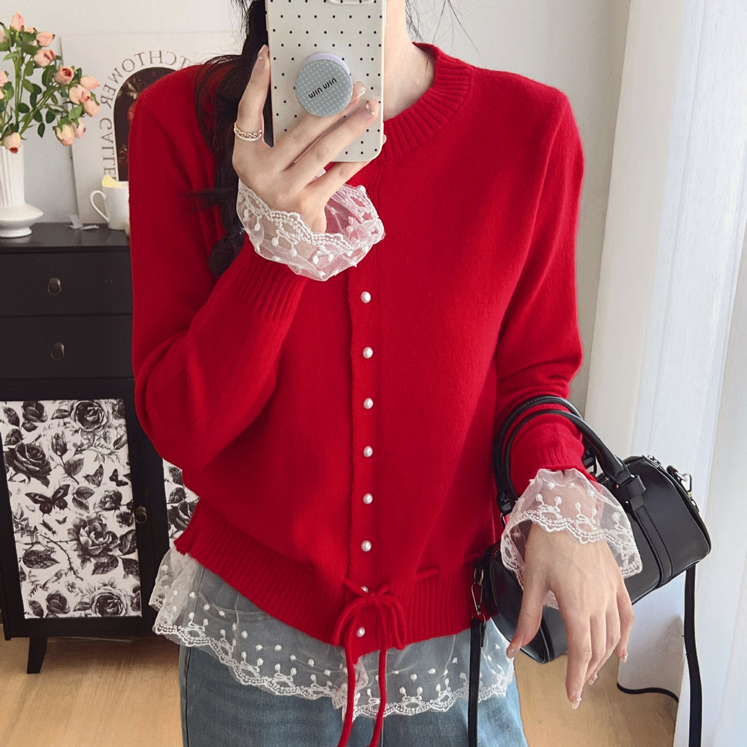 Damen Strickjacke mit Spitzenabschluss und Knopfdetails Drune
