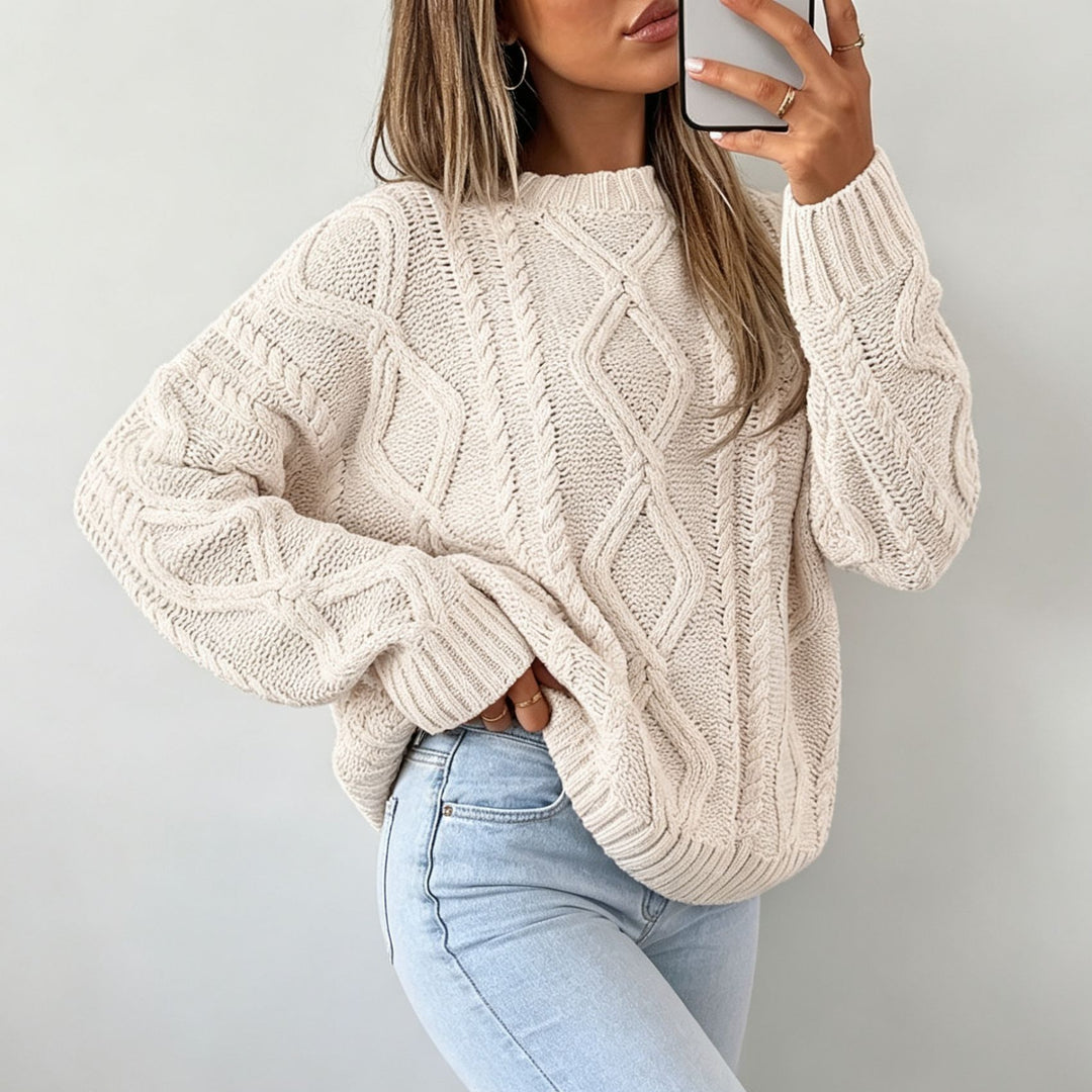 Damen Oversize Flechtstrick-Pullover mit Zopfmuster und Rundhals Drune