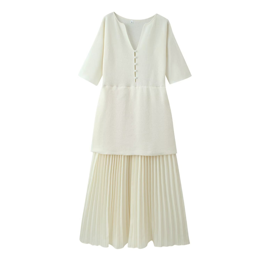 Damen plissiertes Midi-Kleid mit V-Ausschnitt Drune