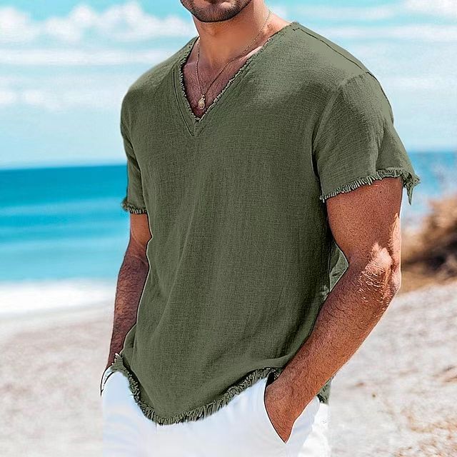 Herren lässiges V-Ausschnitt Shirt mit ausgefranstem Saum Drune