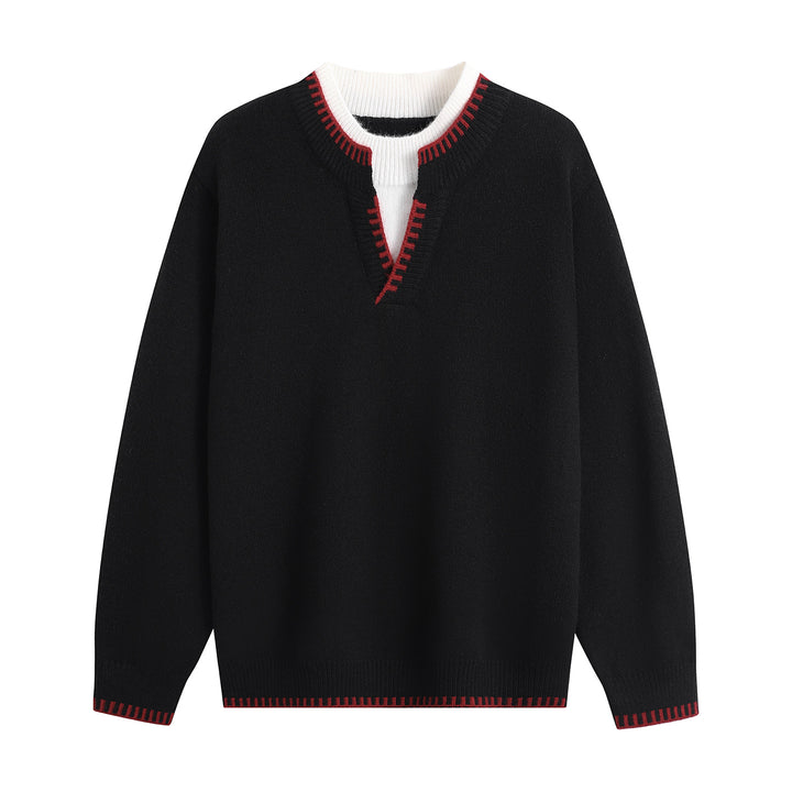 Unisex Oversize-Feinstrickpullover mit V-Notch & kontrastiertem Rippenkragen Drune