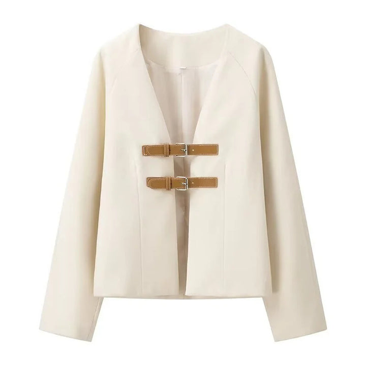 Damen nan kurz geschnittene Jacke mit V-Ausschnitt, zweifachem Schnallenverschluss und kastiger Silhouette Drune