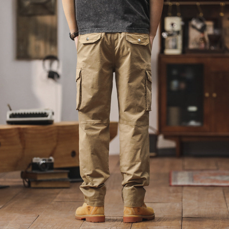 Herren Gerade geschnittene Canvas-Cargohose mit Klapp-Utility-Taschen und Kordelbund Drune
