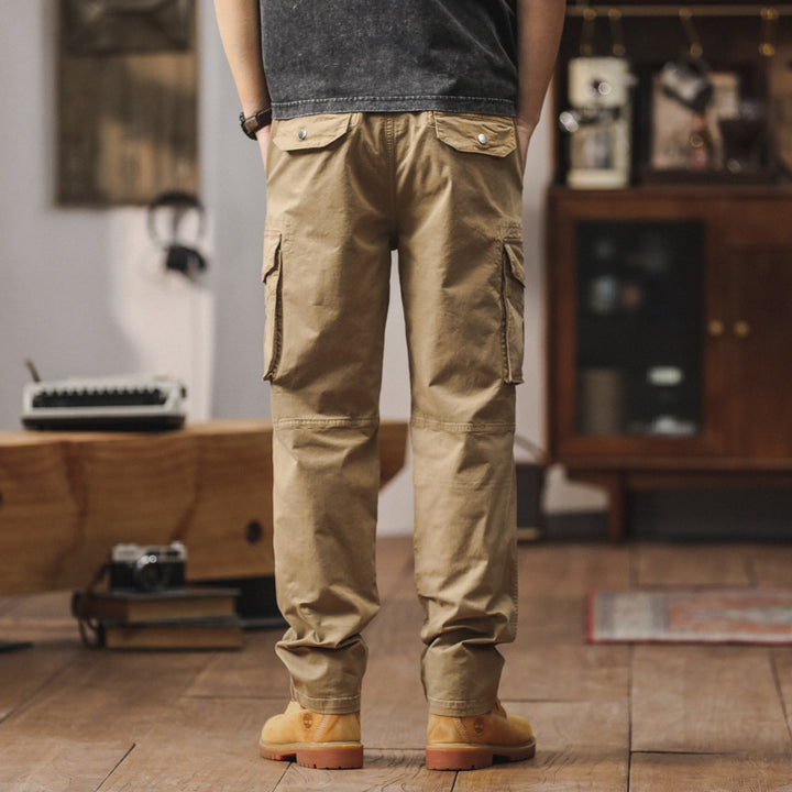 Herren Gerade geschnittene Canvas-Cargohose mit Klapp-Utility-Taschen und Kordelbund Drune
