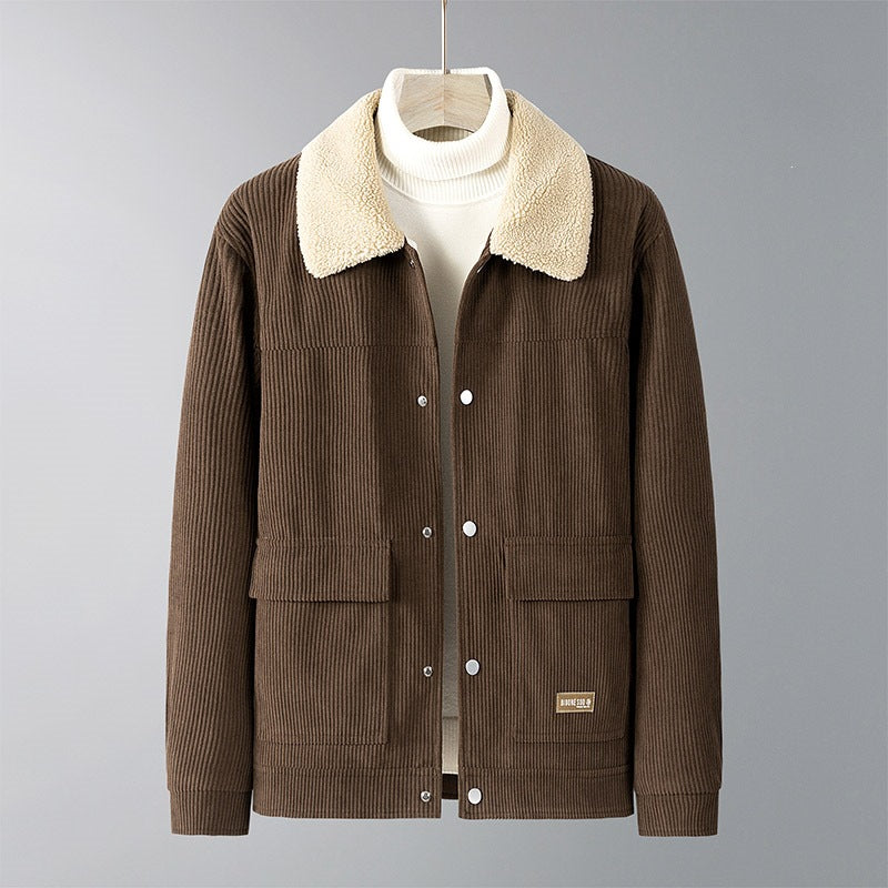 Herren Cordjacke mit Teddyfutter, Hemdkragen & Druckknopffront Drune
