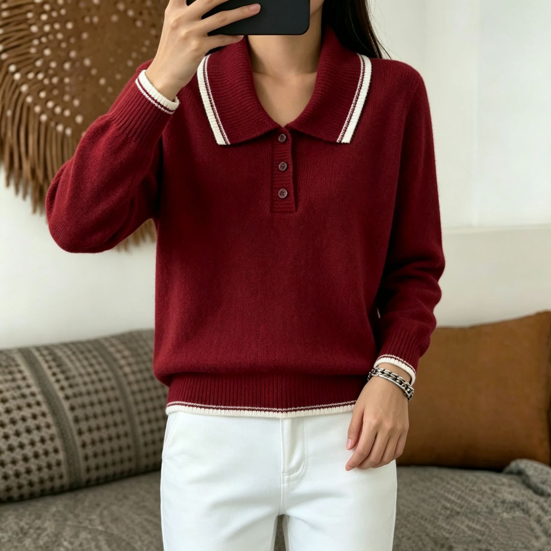 Damen Polokragen‑Strickpullover mit Knopfleiste und gerippten Bündchen Drune