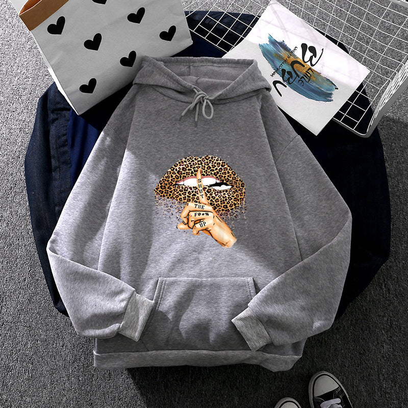 Damen nan oversized Fleece-Hoodie mit Leoparden-Lippen-Motiv, Kängurutasche und gerippten Bündchen Drune