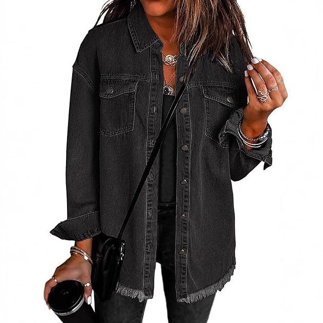 Damen Oversize Jeanshemdjacke mit Fransensaum Drune