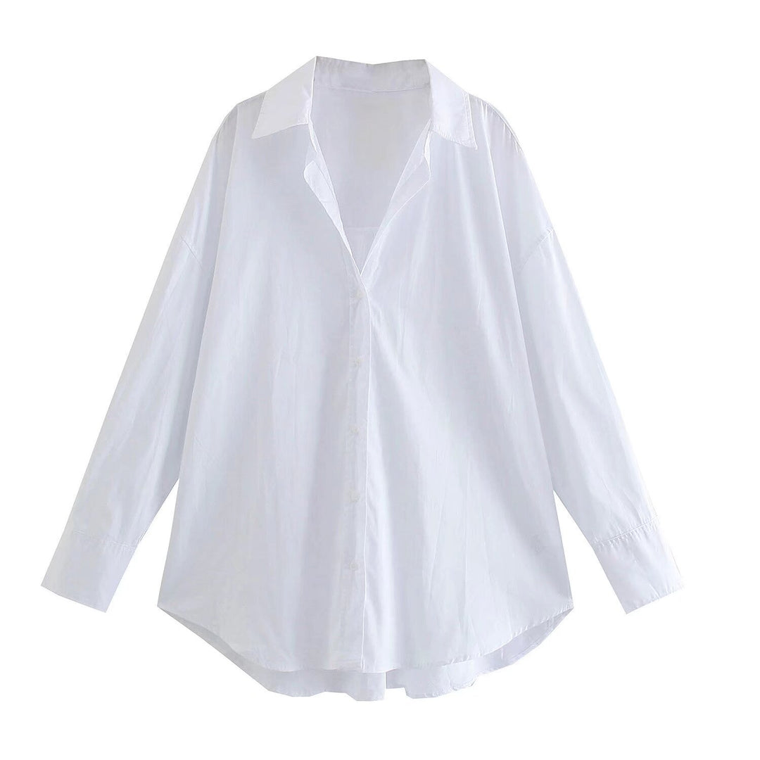 Damen nan oversized Longbluse mit Kentkragen, durchgehender Knopfleiste und abgerundetem Saum Drune