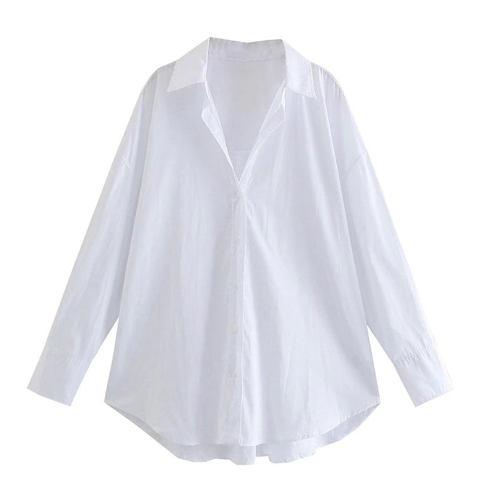 Damen nan oversized Longbluse mit Kentkragen, durchgehender Knopfleiste und abgerundetem Saum Drune