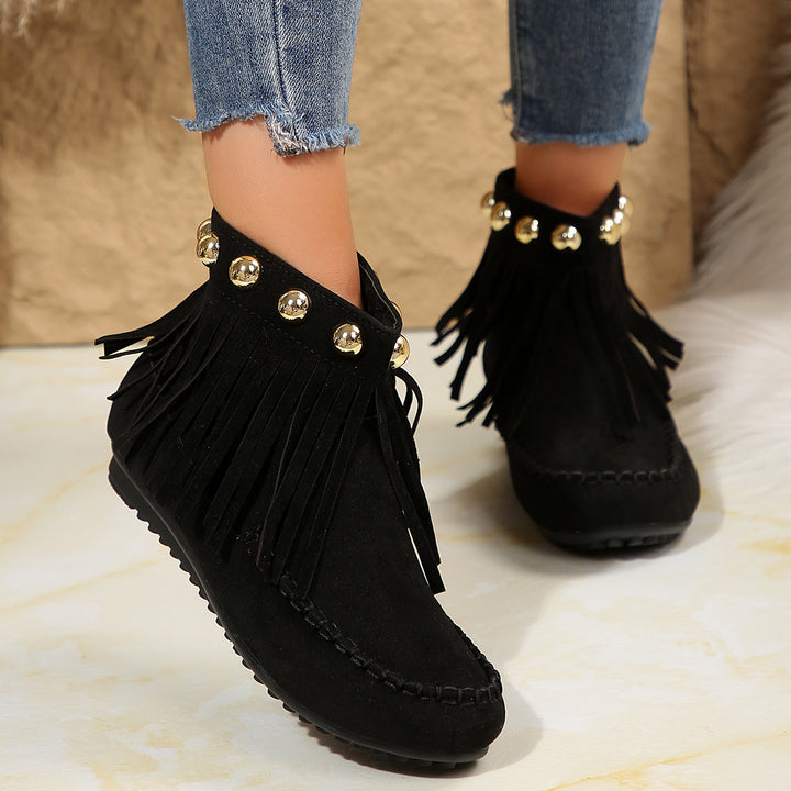 Damen Fransen-Mokassin-Stiefelette mit Ziernieten und Rückenreißverschluss Drune