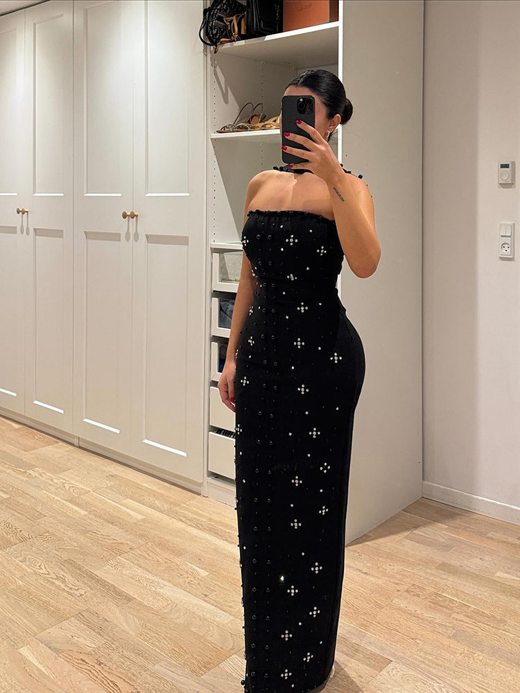 Damen Couture Maxikleid mit schimmernden Pailletten und strapless Design Drune