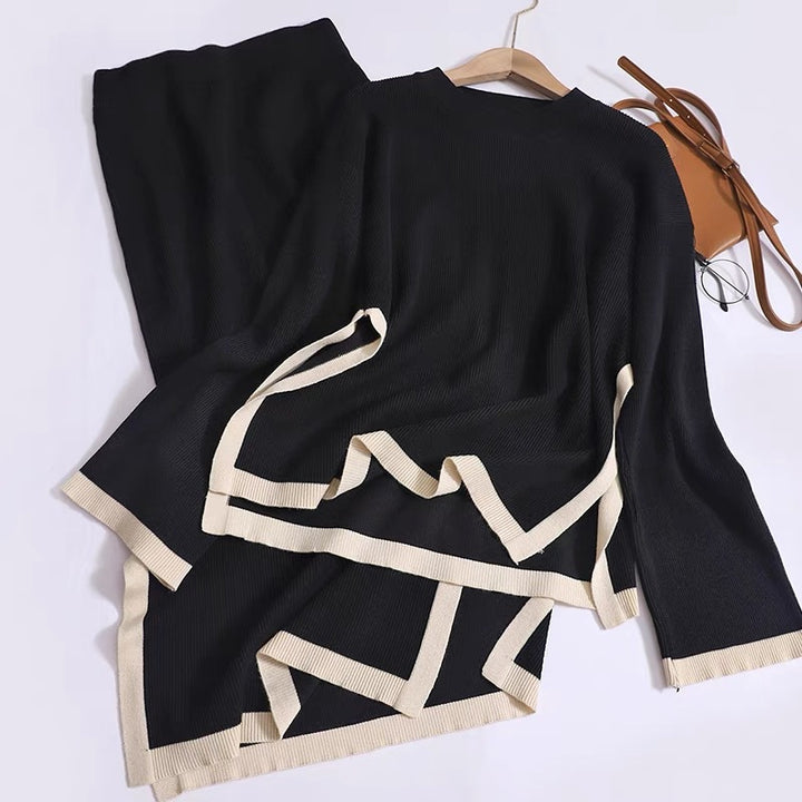 Damen modisches Strick-Loungewear-Set mit dekorativem Kontrastsaum Drune