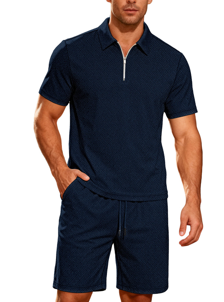 Herren nan komfortables Lounge-Zweiteiler aus strukturierter Baumwollmischung mit Halbzip-Poloshirt und Kordel-Shorts Drune