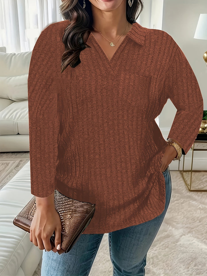 Damen Gerippter V-Ausschnitt Pullover mit Hemdkragen und lockerer Tunika-Silhouette Drune