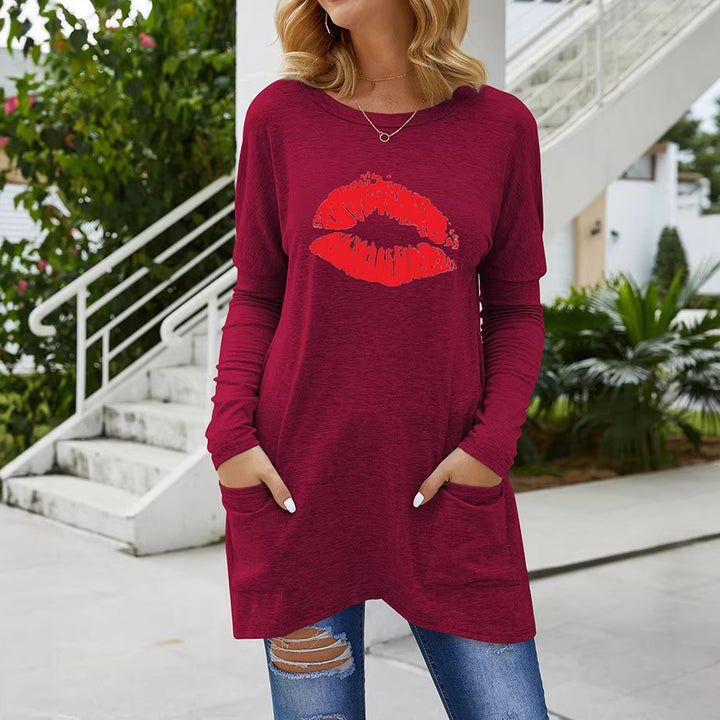 Damen Lange Oversize Tunika Bluse mit Rundhalsausschnitt, Kussdruck und Seitentaschen Drune