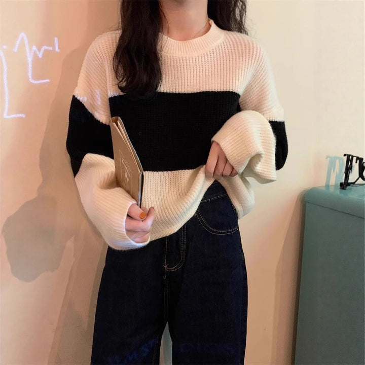 Damen Grobstrickpullover mit modernem Farbblockdesign Drune