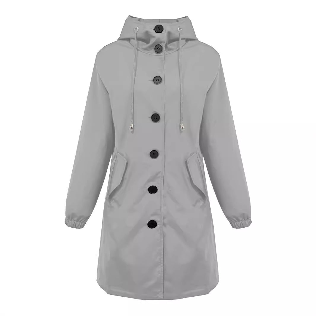 Damen nan leichter Regenparka mit Kapuze, überlanger Knopfleiste, Tunnelzug und aufgesetzten Taschen Drune