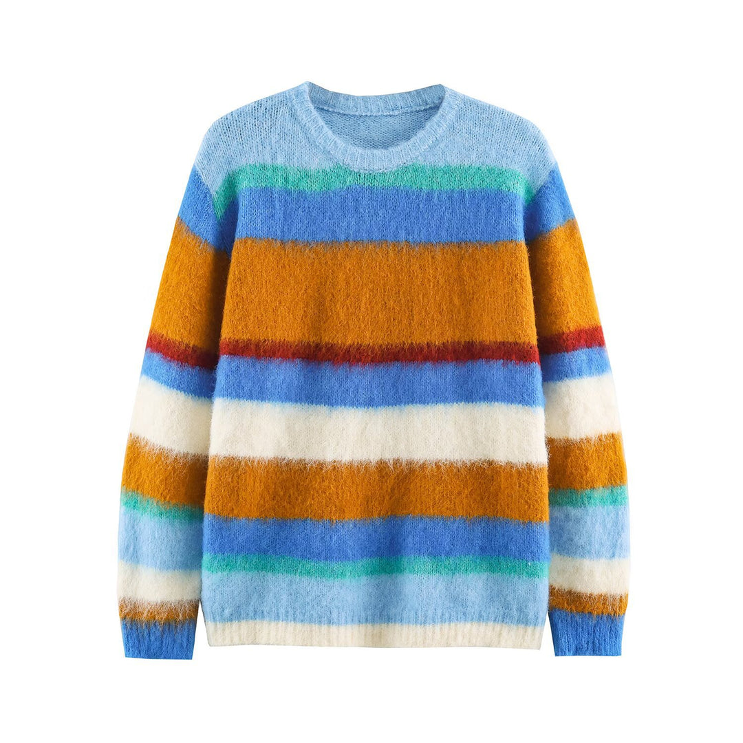 Damen Oversize Mohair‑Look Streifenpullover mit Rundhalsausschnitt Drune