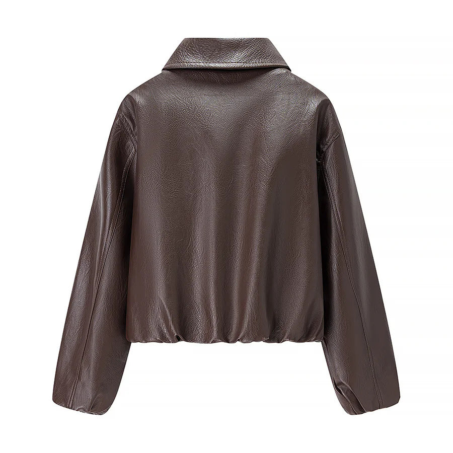 Damen nan cropped Glanz-Kunstlederjacke im Bomberstil mit Hemdkragen und elastischem Saum Drune