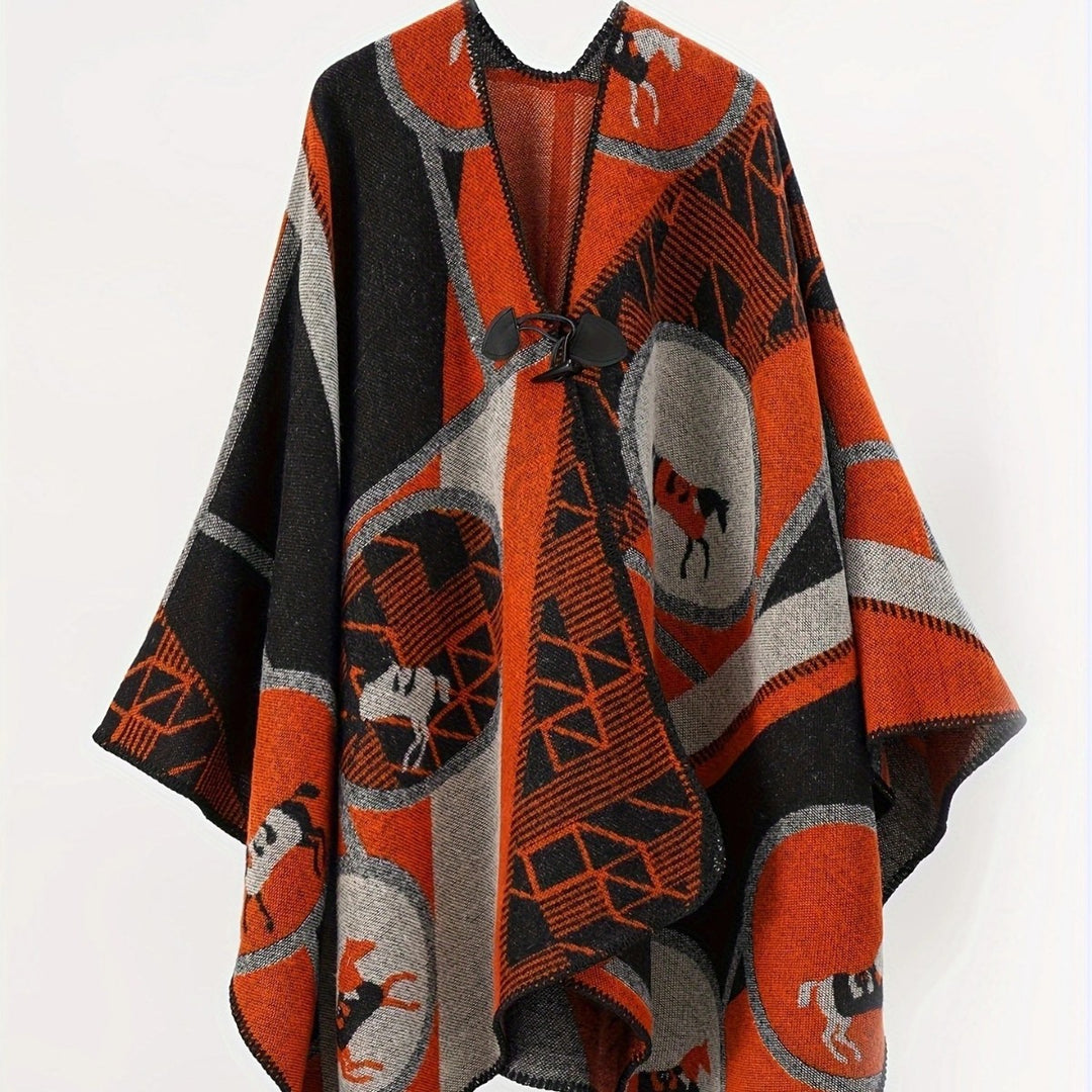 Damen Wollmix-Jacquard-Ruana mit Pferdemotiv, Knebelverschluss und offener Kimono-Silhouette Drune