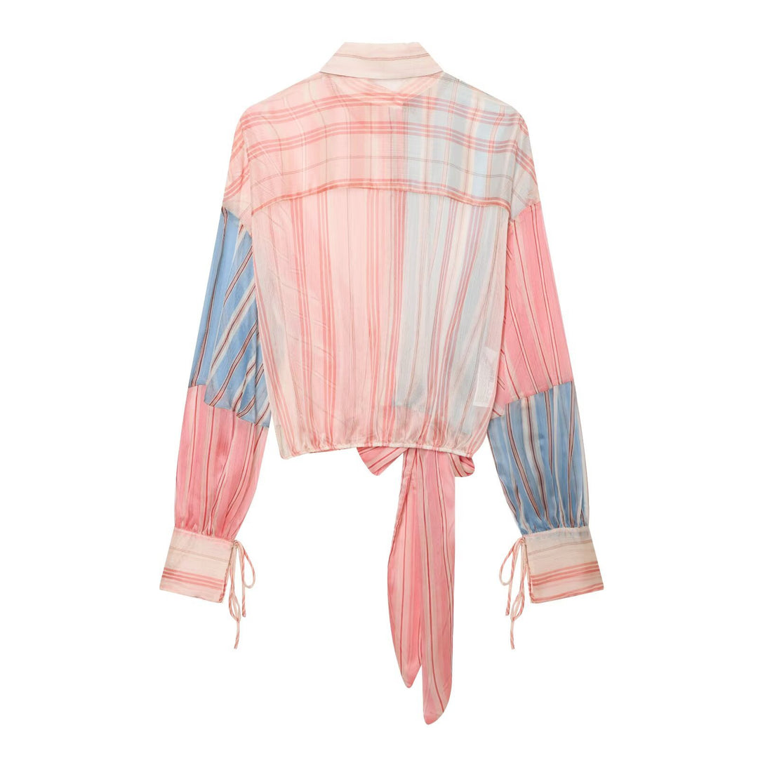 Damen Gestreifte Wickelbluse mit Knotenfront, Ballonärmeln und Hemdkragen Drune