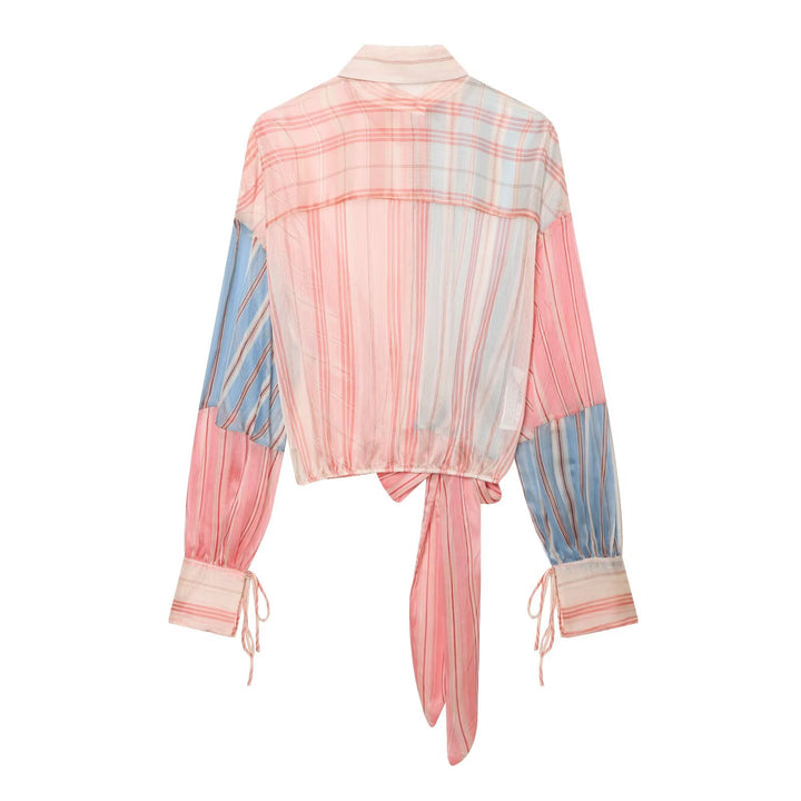 Damen Gestreifte Wickelbluse mit Knotenfront, Ballonärmeln und Hemdkragen Drune