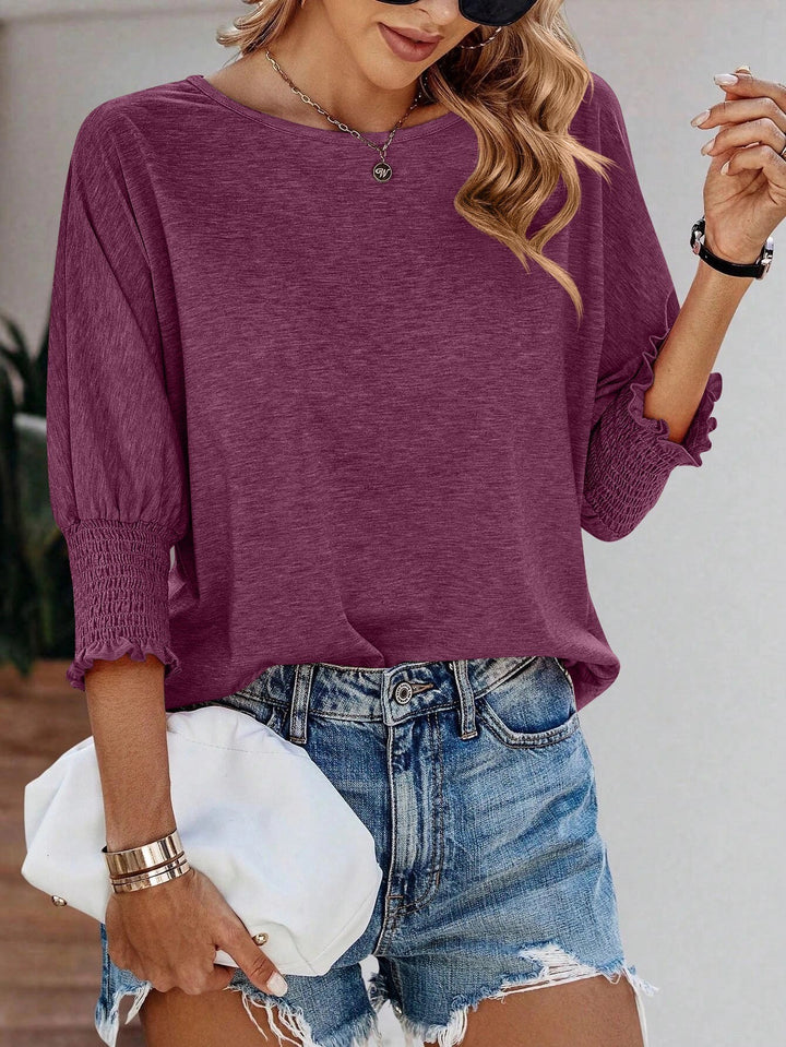 Damen lässiges T-Shirt mit voluminösen Puffärmeln und elastischem Bund Drune