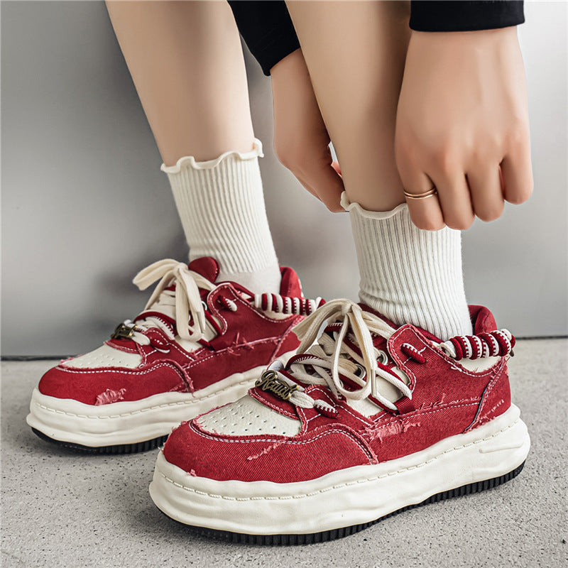 Damen denim-Plateau-Sneaker mit kontrastnähten, wattierter Wellenlaufsohle und verzierten Schnürdetails Drune