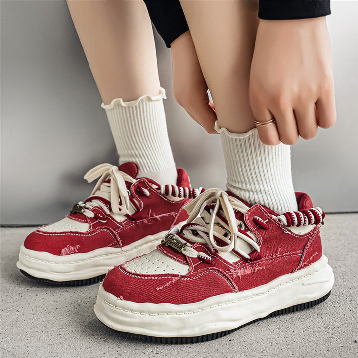 Damen denim-Plateau-Sneaker mit kontrastnähten, wattierter Wellenlaufsohle und verzierten Schnürdetails Drune