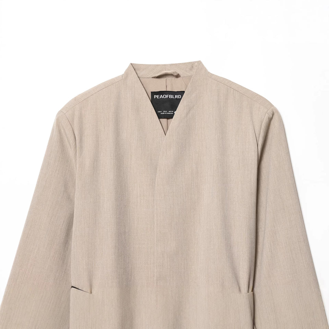 Damen nan taillierter kragenloser Blazer mit V-Ausschnitt und dünnem Ledergürtel Drune