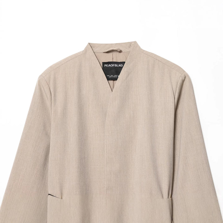 Damen nan taillierter kragenloser Blazer mit V-Ausschnitt und dünnem Ledergürtel Drune