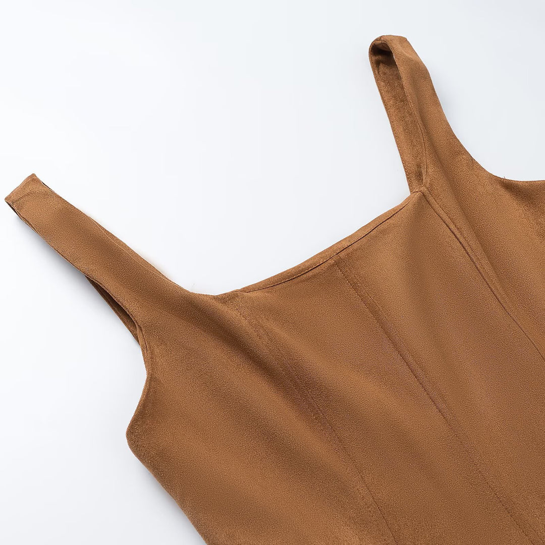 Damen A-Linien Midikleid aus Wildlederoptik mit eckigem Ausschnitt und Prinzessnähten Drune