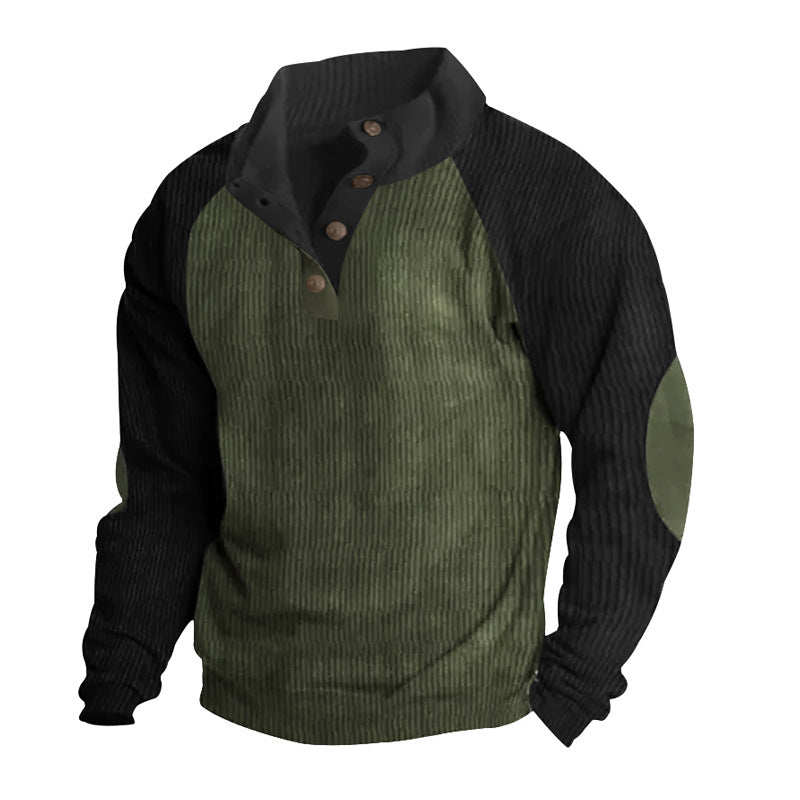 Herren Strukturiertes Raglan-Henley-Pullover mit Stehkragen, Ellenbogenpatches & Knopfleiste Drune