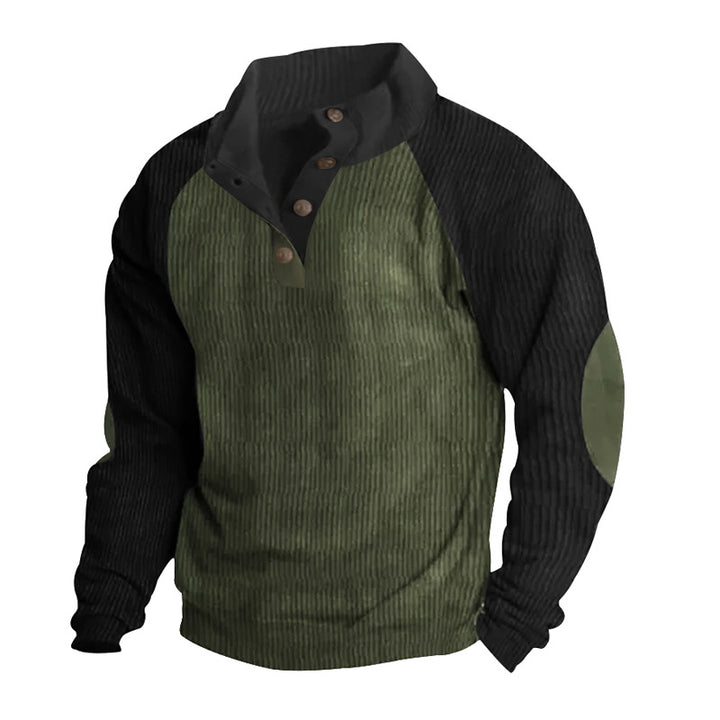 Herren Strukturiertes Raglan-Henley-Pullover mit Stehkragen, Ellenbogenpatches & Knopfleiste Drune