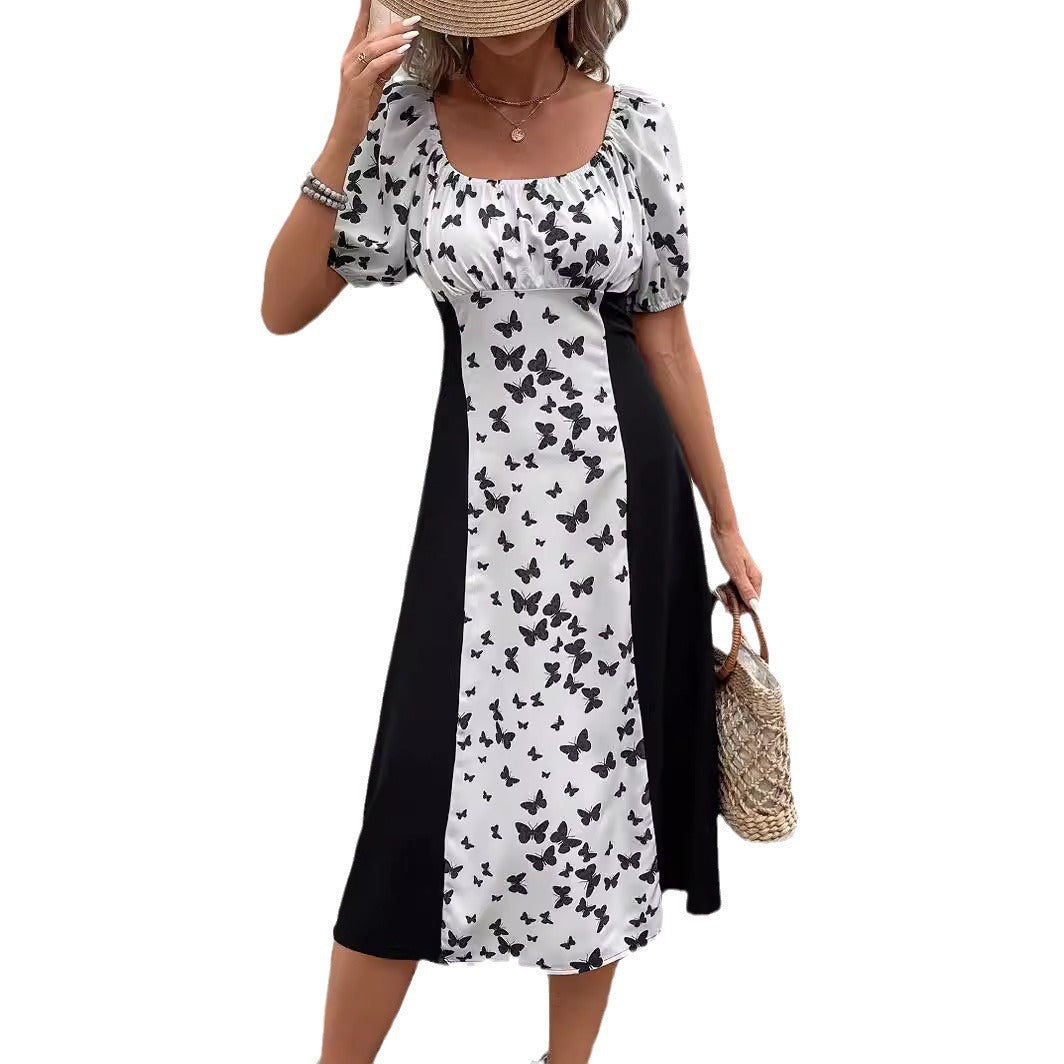 Damen Maxikleid mit Puffärmeln und Schmetterlingsmuster Drune