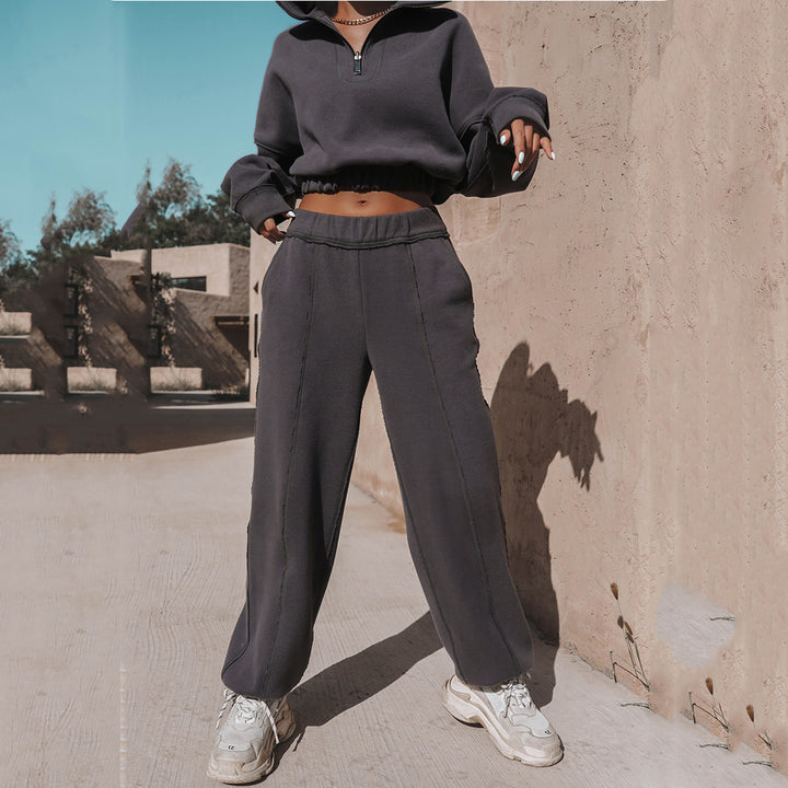 Damen kurzes Halbzip-Sweatshirt mit gerafftem Bund und hochgeschnittener Jogginghose Zweiteiler Drune