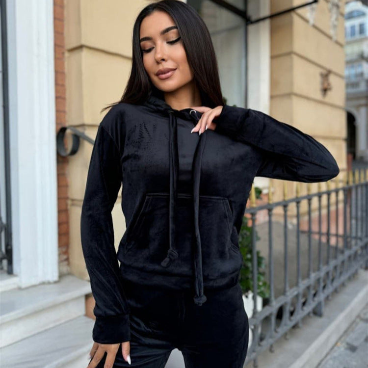 Damen weiches Velours-Lounge-Set mit Kapuzenpullover und tapered Jogginghose Drune
