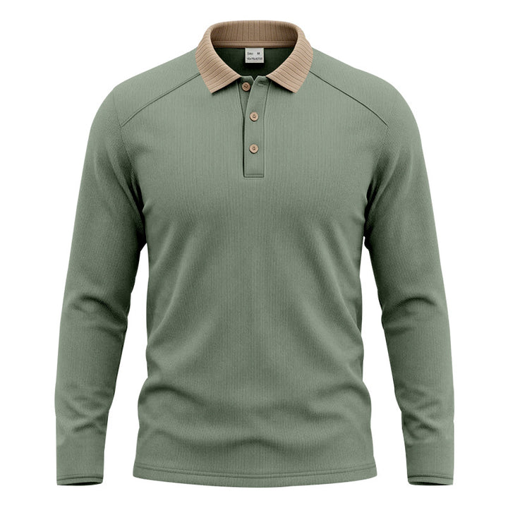 Herren Langarm-Poloshirt mit gerippter Kontrastkragen und feiner Waffelstruktur Drune