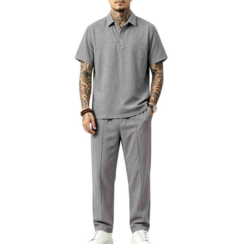 Herren Polo-Lounge-Set aus leichter Leinenmischung mit Kurzarm-Polo und gerader Bundfaltenhose Drune