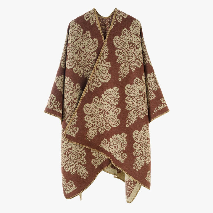 Damen Wollmix-Capeponcho mit beidseitigem Jacquard‑Paisley und kontrastierter Rollkante Drune
