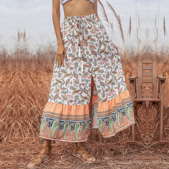 Damen Boho-Maxirock mit Paisley-Alloverprint, elastischem Taillenbund, Tunnelzug und Volantstufe Drune