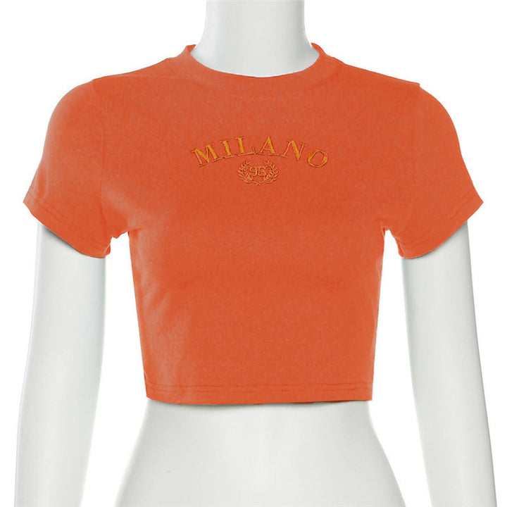 Damen cropped T-Shirt mit gesticktem Schriftzug und rundem Ausschnitt Drune